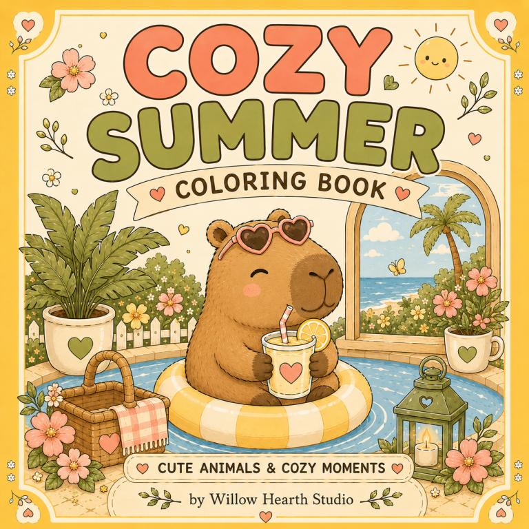 Cozy Summer Coloring Book | Willow Hearth Studio Cozy Summer Coloring Book featuring cute animals, sunny scenes and relaxing coloring pages by Willow Hearth Studio.