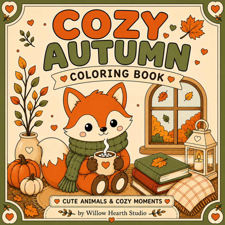 Cozy Autumn Coloring Book | Willow Hearth Studio Cozy Autumn Coloring Book featuring cute woodland animals and cozy fall coloring pages by Willow Hearth Studio.