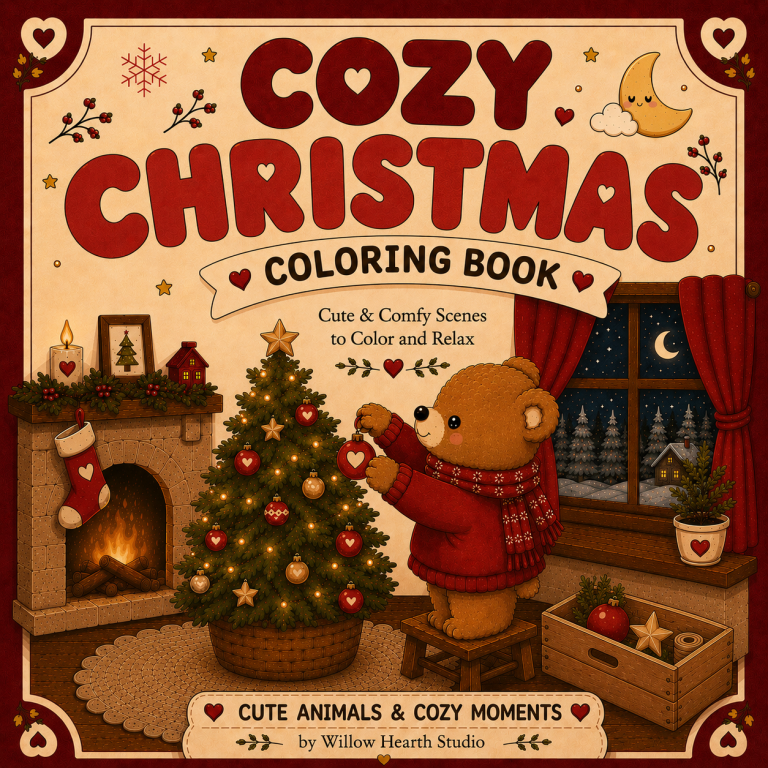 Cozy Christmas Coloring Book | Willow Hearth Studio Cozy Christmas Coloring Book featuring a cute bear decorating a Christmas tree and relaxing holiday coloring pages by Willow Hearth Studio.