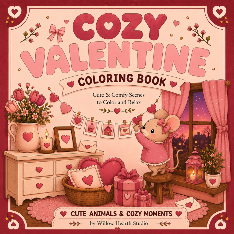 Cozy Valentine's Day Coloring Book | Willow Hearth Studio Cozy Valentine's Day Coloring Book featuring a cute mouse, hearts and relaxing Valentine's coloring pages by Willow Hearth Studio.