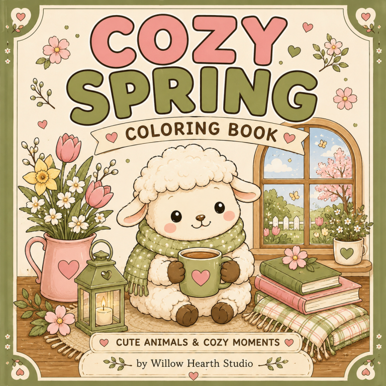 Cozy Spring Coloring Book | Willow Hearth Studio Cozy Spring Coloring Book featuring a cute lamb, flowers and relaxing coloring pages by Willow Hearth Studio.