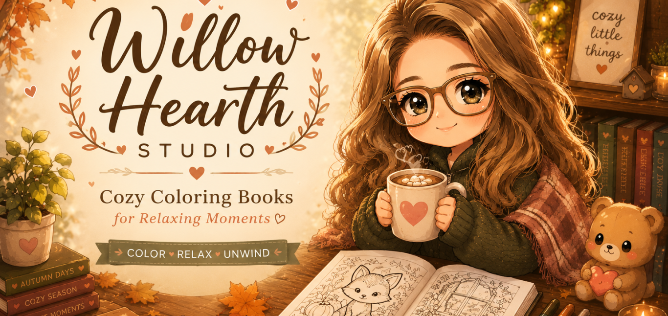 Cozy Coloring Books | Willow Hearth Studio Willow Hearth Studio cozy coloring books featuring cute animal coloring pages, cozy autumn atmosphere and relaxing creative moments.