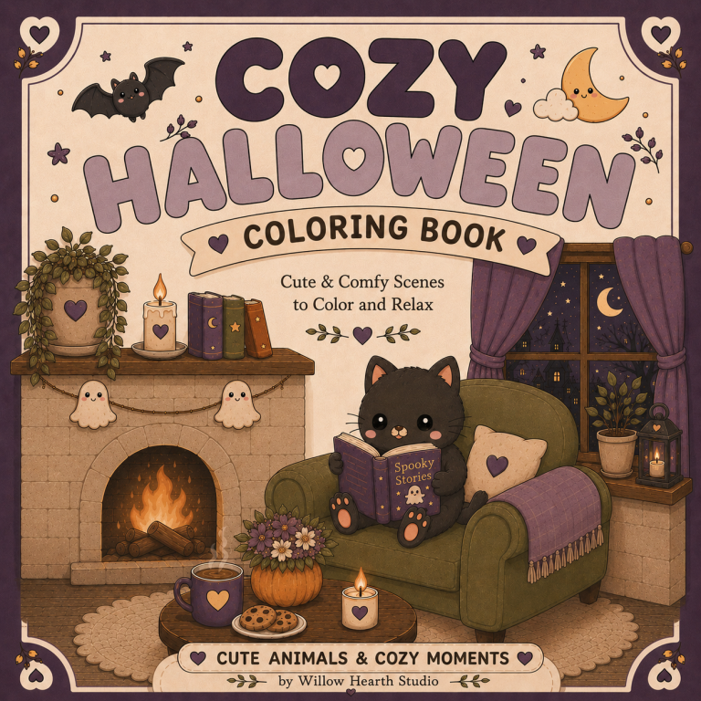 Cozy Halloween Coloring Book | Willow Hearth Studio Cozy Halloween Coloring Book featuring a cute black cat, pumpkins and relaxing Halloween coloring pages by Willow Hearth Studio.